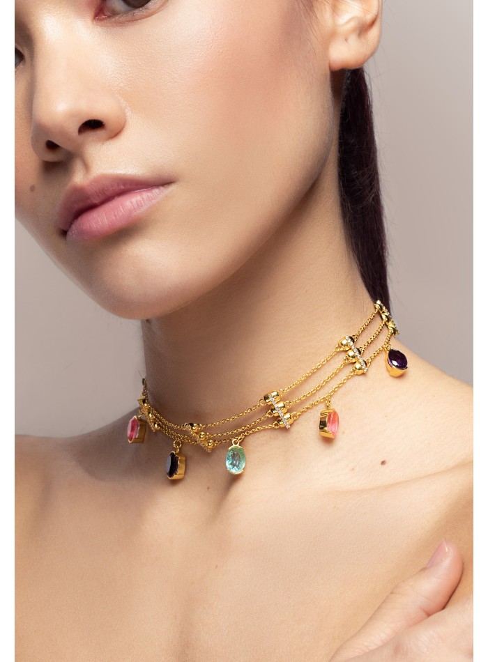 Choker dorado con pedrería multicolor de fiesta