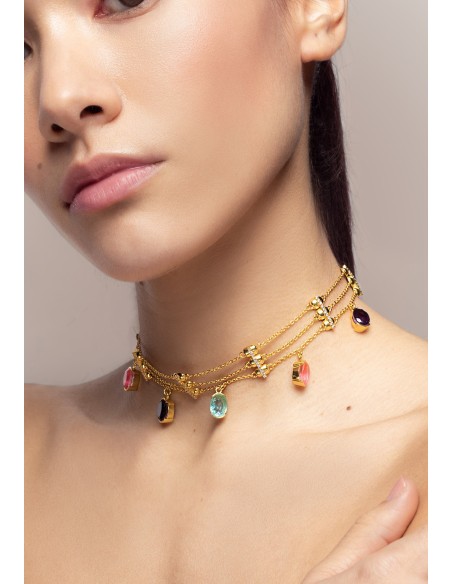 Tour de cou en or avec strass multicolores