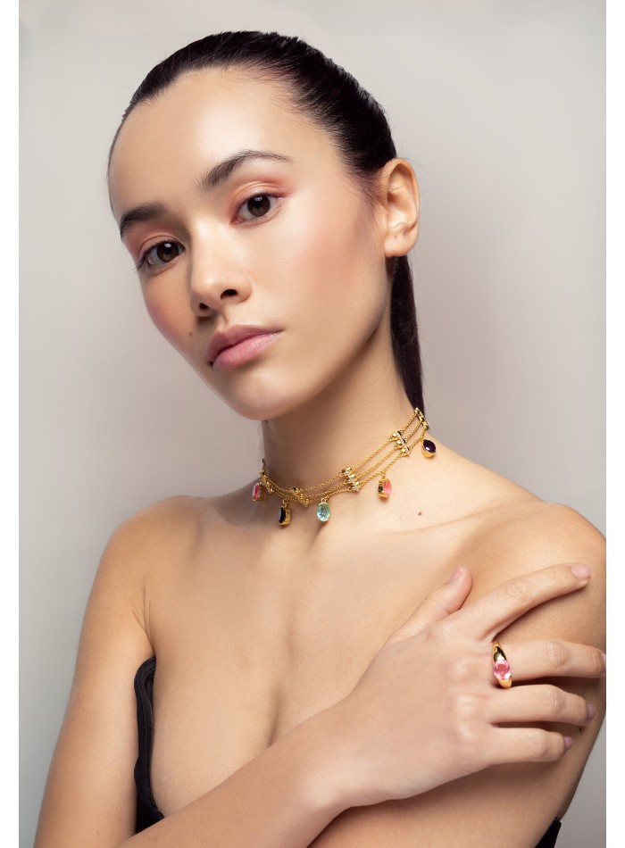 Tour de cou en or avec strass multicolores