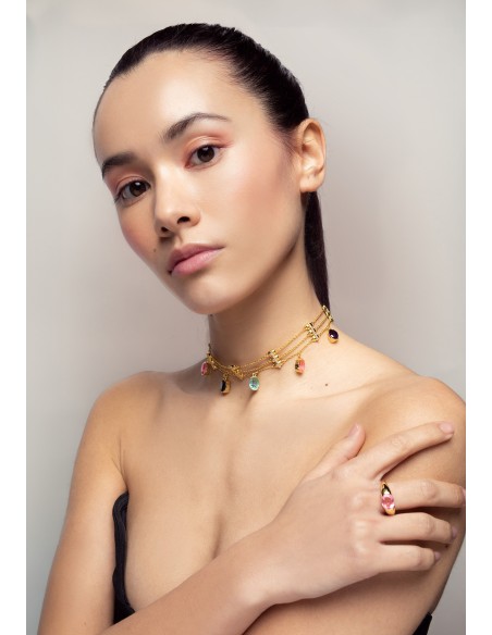 Tour de cou en or avec strass multicolores