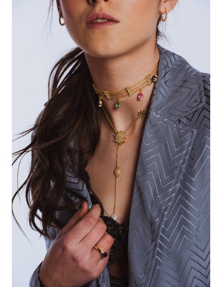 Tour de cou en or avec strass multicolores