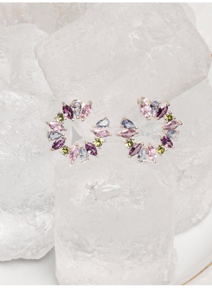Round silver earrings with pastel stones