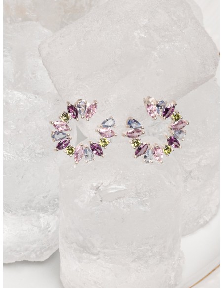 Boucles d'oreilles rondes plaquées argent avec pierres de couleur pastel