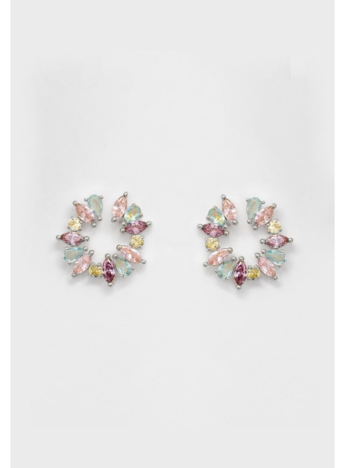 Pendientes plateados redondos con piedras tonos pastel