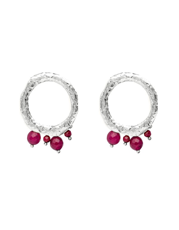 Silver circular earrings with fuchsia stones