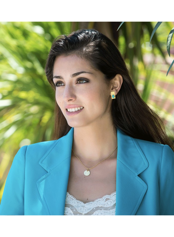 Rectangular golden earrings with natural turquoise stone