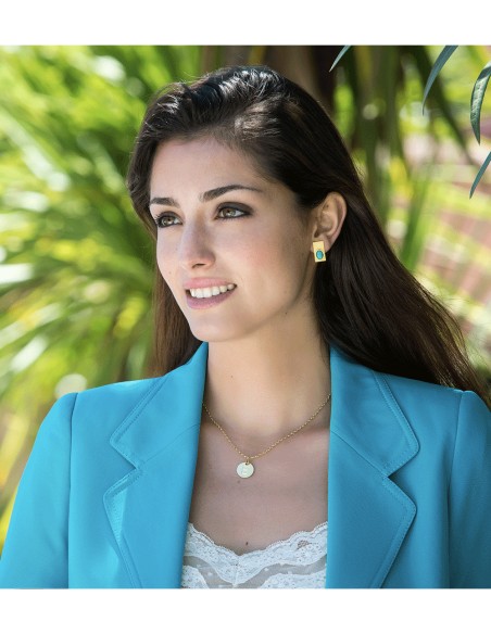 Rectangular golden earrings with natural turquoise stone