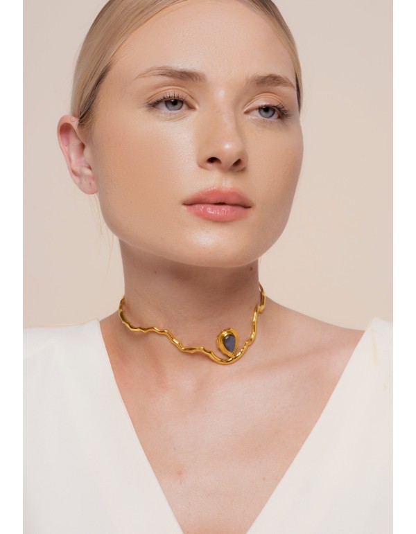 Gold Choker with Gray Semiprecious Stone - Gratitude 2