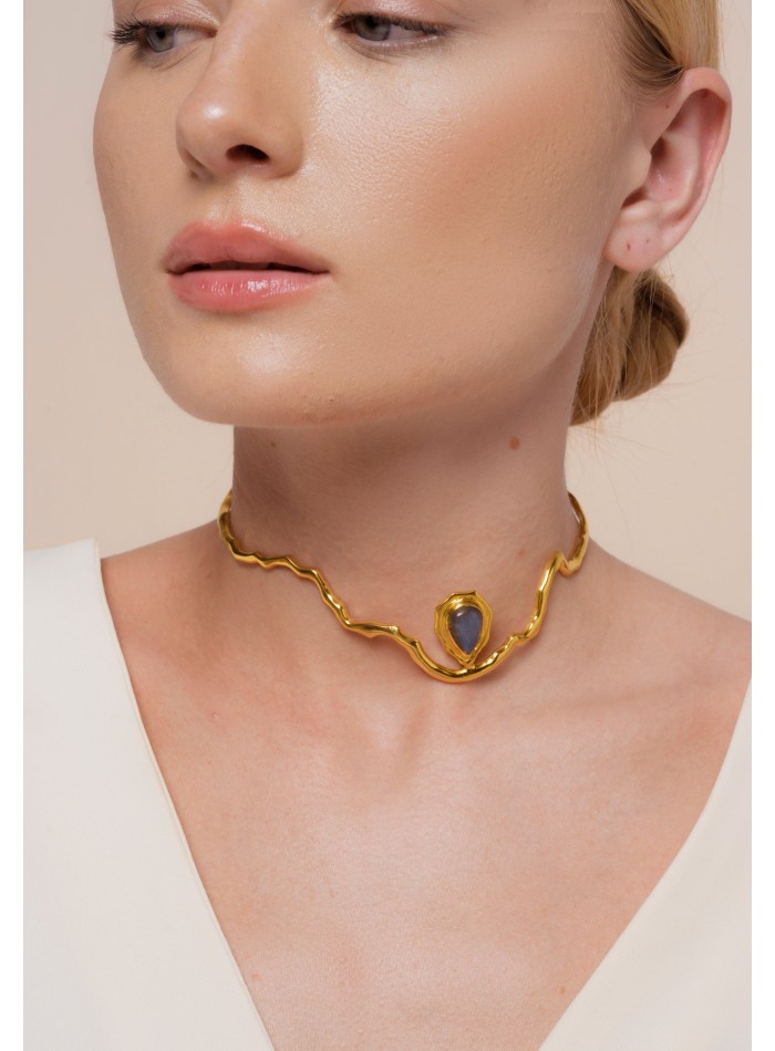 Gold Choker with Gray Semiprecious Stone -...