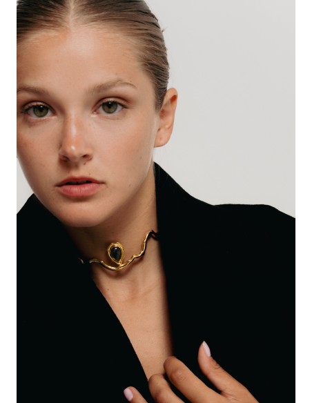 Tour de cou en or avec pierre semi-précieuse grise - Gratitude