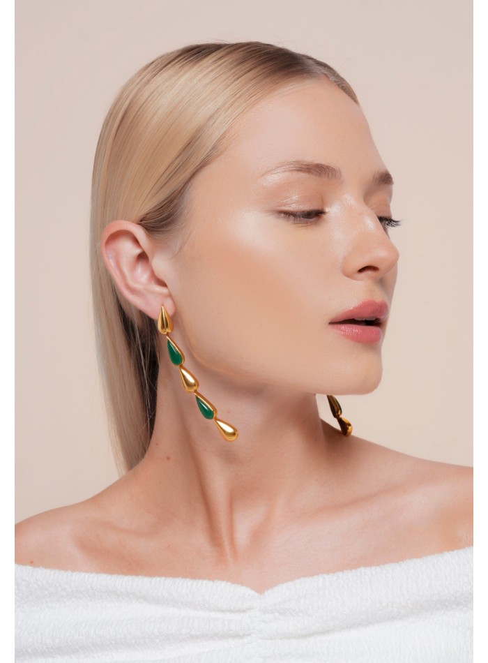 Long green and gold drop earrings
