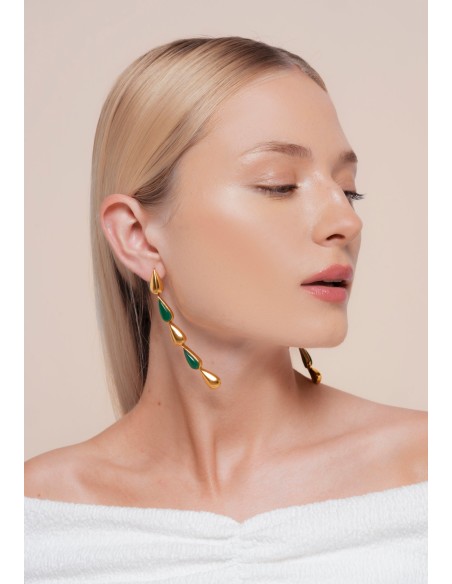Long green and gold drop earrings
