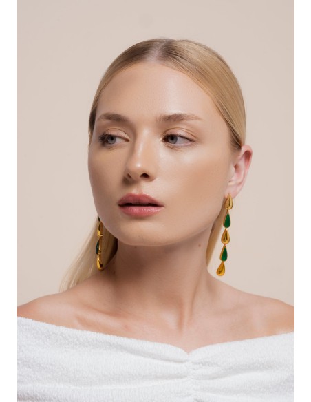 Long green and gold drop earrings