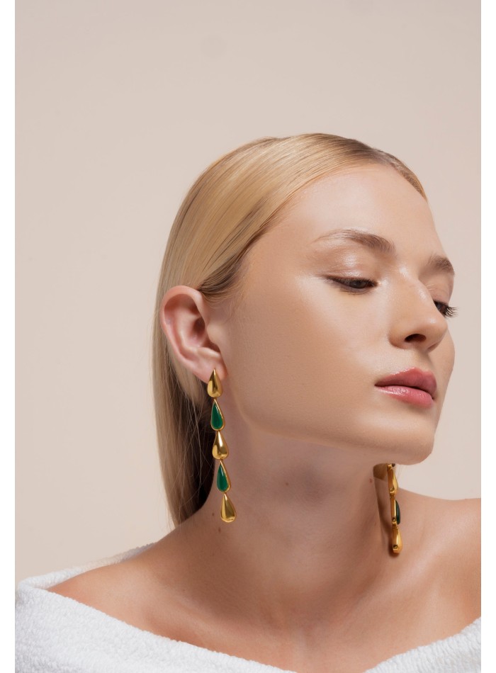 Long green and gold drop earrings