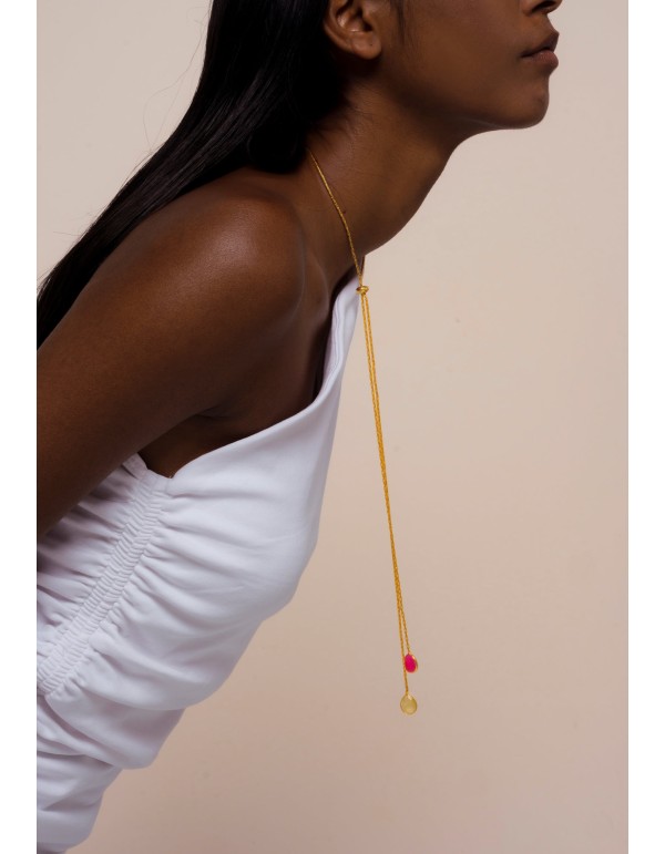 Long golden necklace with ribbon and multicolored stones