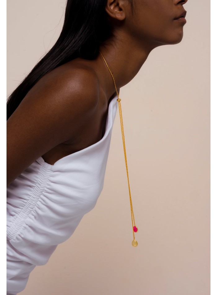 Long golden necklace with ribbon and...