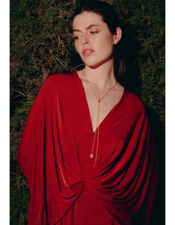 Long golden necklace with ribbon and multicolored stones 2