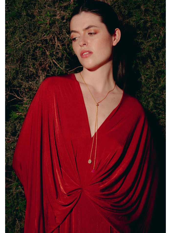 Long golden necklace with ribbon and...