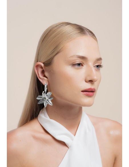 Silver plated flower-shaped hoop earrings