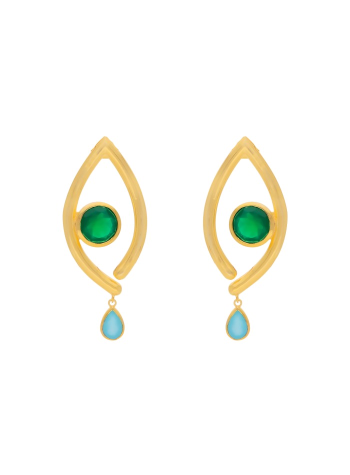 Gold party earrings with green and blue stone