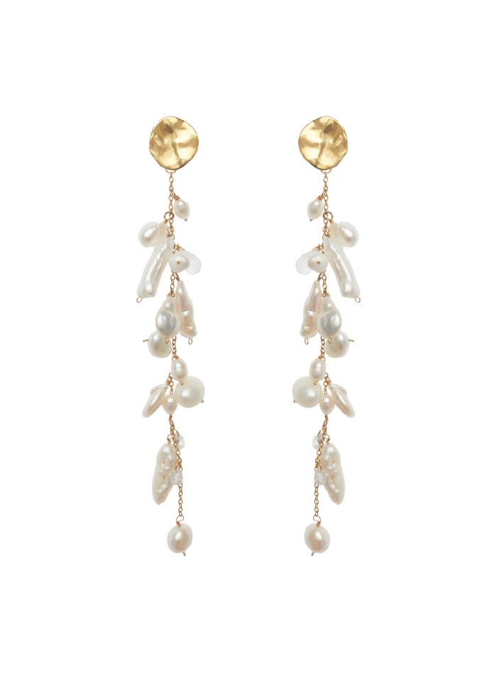 Extra-long golden pearl earrings