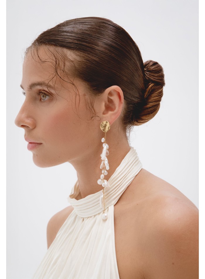 Extra-long golden pearl earrings