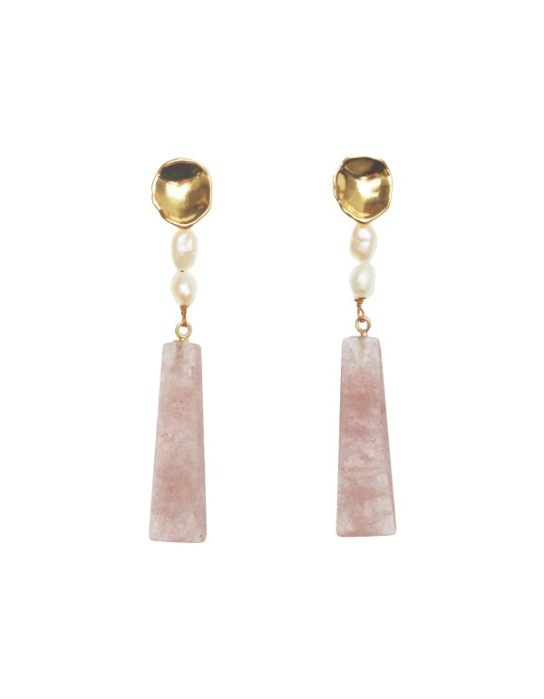 Pendientes largos con perlas y cuarzo rosa