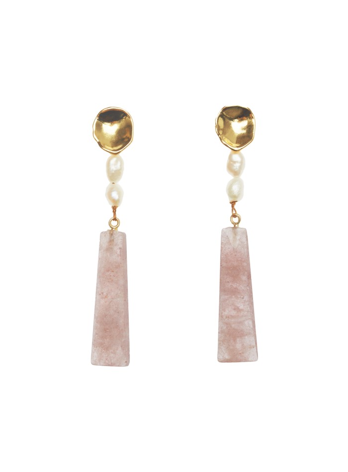 Pendientes largos con perlas y cuarzo rosa