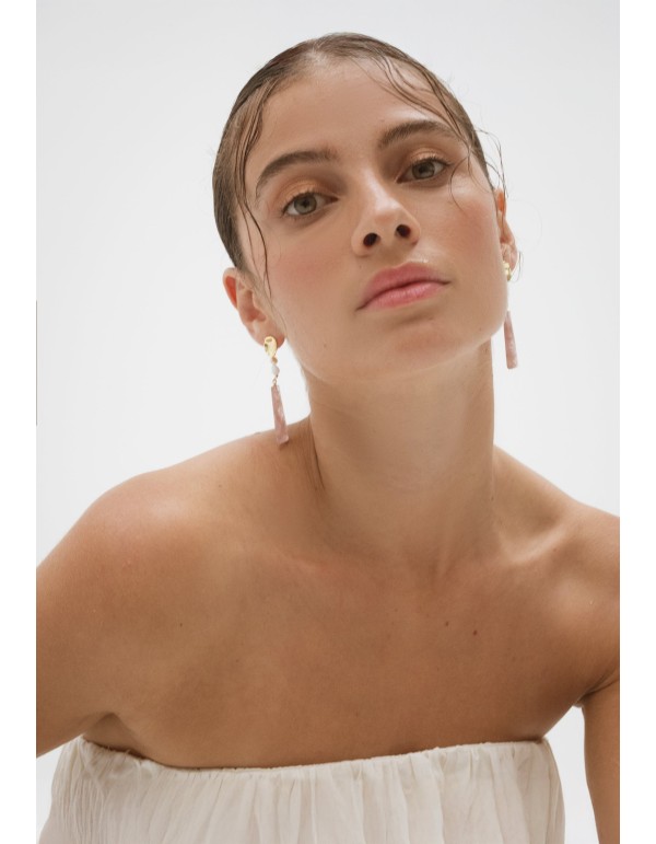 Pendientes largos con perlas y cuarzo rosa 2