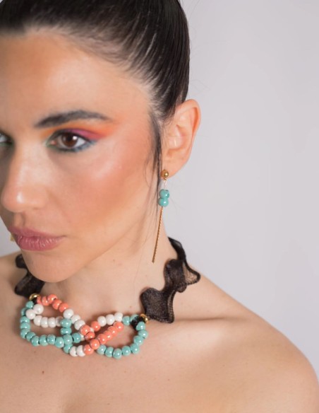 Pendientes largos estilo cascada con dos perlas de ceramica