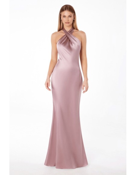 Satin party dress with halter neckline and open back