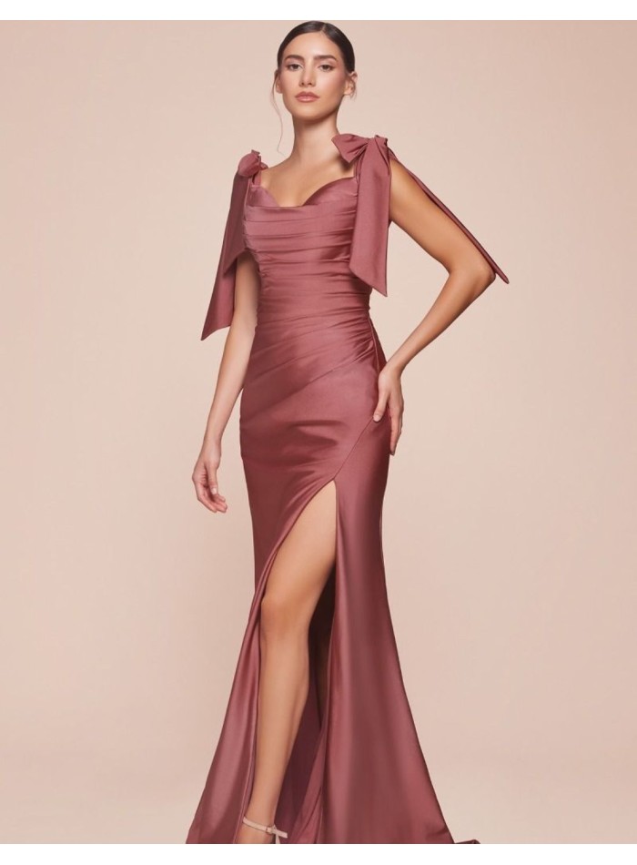 Satin gown with draped bodice and dropped sleeves