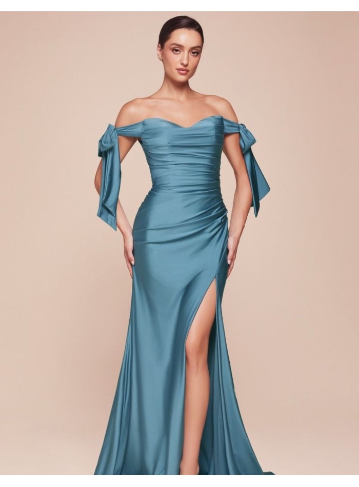 Satin gown with draped bodice and dropped sleeves