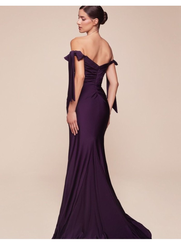 Satin gown with draped bodice and dropped sleeves