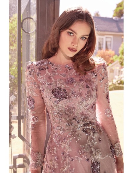 Vestido de fiesta de manga larga semitransparente con pedrería