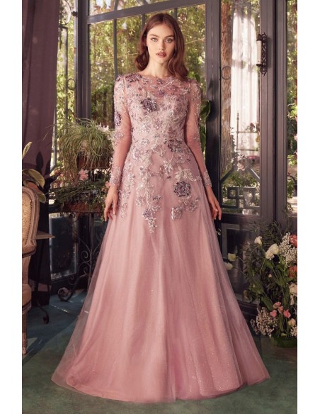 Vestido de fiesta de manga larga semitransparente con pedrería