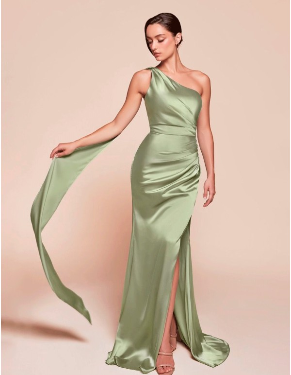 Satin long gown with asymmetrical neckline