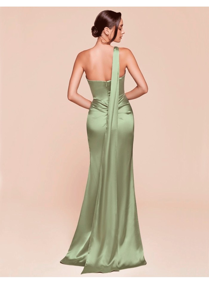 Satin long gown with asymmetrical neckline