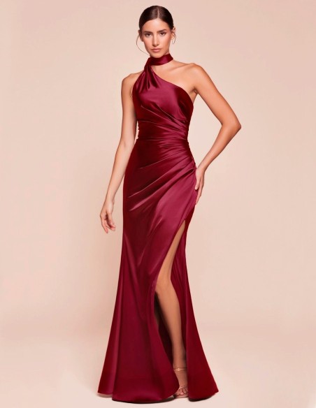 Satin long gown with asymmetrical neckline