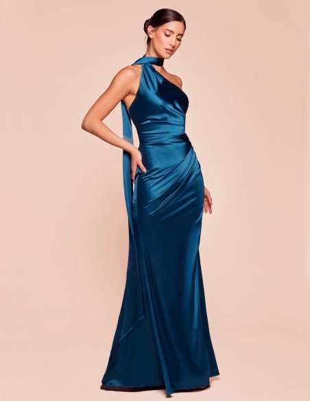 Satin long gown with asymmetrical neckline