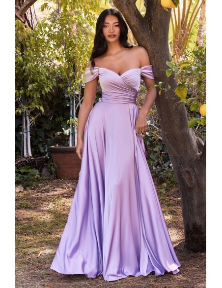 Long satin ball gown with sweetheart neckline and slit