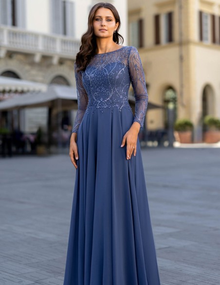 Robe de bal longue avec corsage en strass et manches françaises