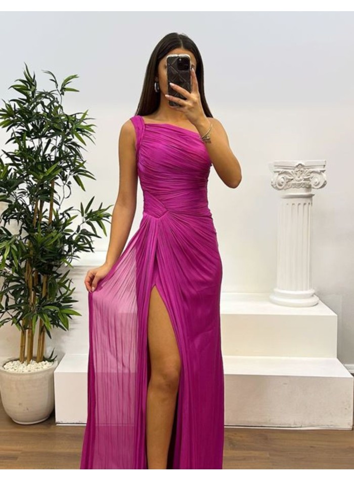 Long pleated party dress with asymmetrical...