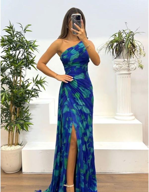 Robe longue en mousseline de soie imprimée avec encolure...