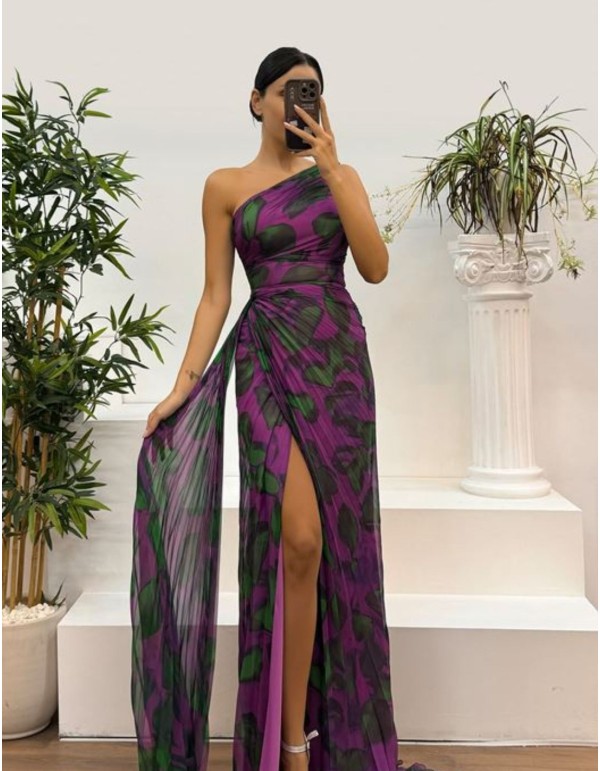 Robe longue en mousseline de soie imprimée avec encolure...