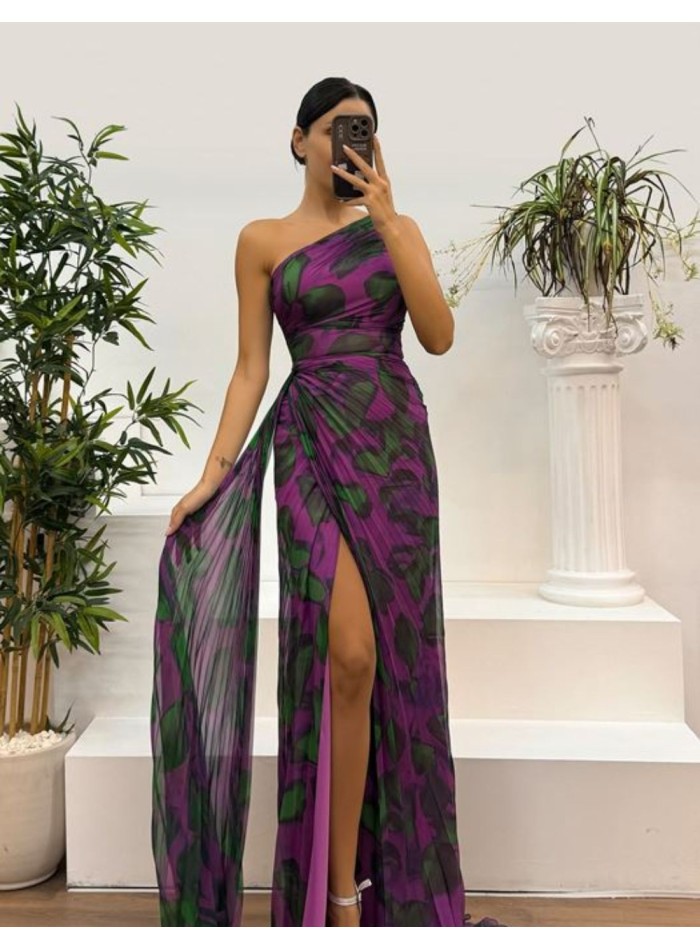Long printed chiffon dress with asymmetrical...