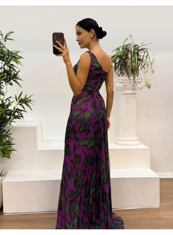 Long printed chiffon dress with asymmetrical...