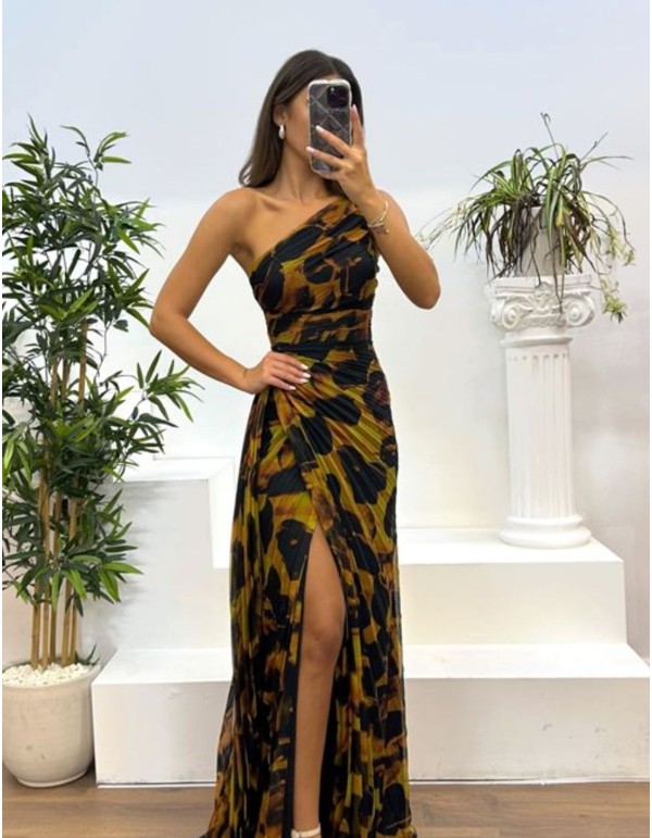 Long printed chiffon dress with asymmetrical neckline 2
