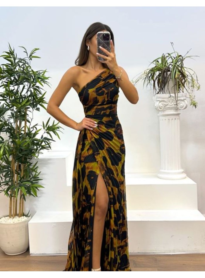 Long printed chiffon dress with asymmetrical...