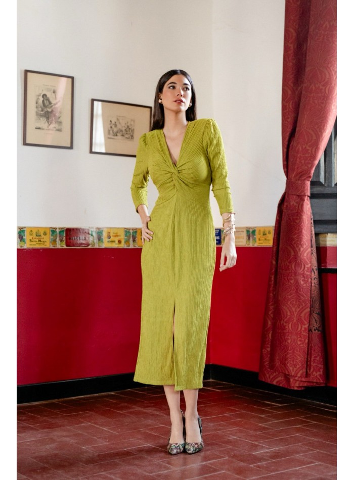 Pistachio green long dress with draped neckline